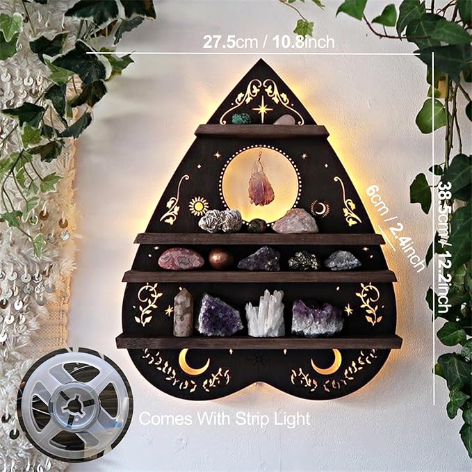 Crystal Display Shelf Wall Moon Shelves Luna Moth Hamsa Hand Holder Floating Wall Mounted Decorative Crystal Shelf (Heart-38.5 * 31cm/15 * 12.2inch)