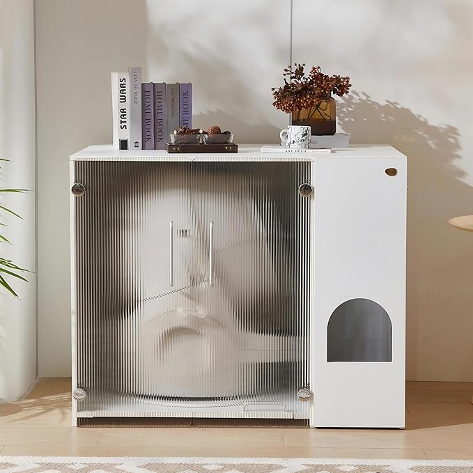 Cat Litter Box Enclosure - Dog Proof Cat Litter Box with Pull-Out, Rotating Features, Includes Power Outlet and Acrylic Wave-Patterned Door Panels with Lock,Elegant White