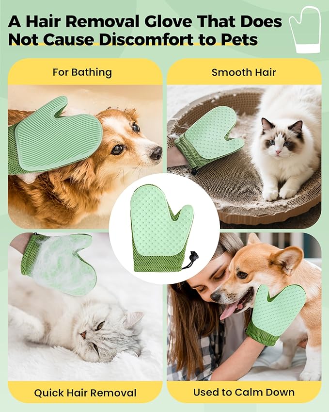 Carpet Rake for Pet Hair Removal Tool - 4 in 1 Pet Hair Remover Kit for Dog Cat Fur Remover, Contain 60" Adjustable Rubber Broom, Glove, Magic Brush and Scraper for Home Furniture, Rugs (Grey)