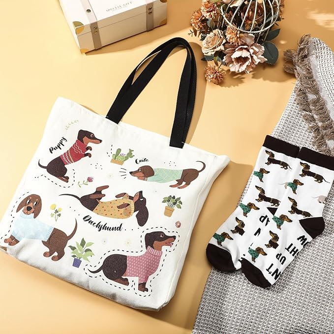 Dachshund Lover Gifts for Women Birthday Gifts Baskets Set Include Canvas Tote Bag, Makeup Bag, Socks, Keychain, Enamel Mug, Small Figurines for Mom, Wife, Sister, Friend