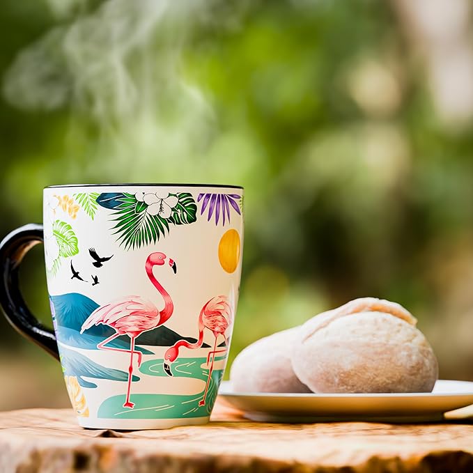 Color Changing Flamingo Coffee Mug 12oz – Ceramic Heat Sensitive Cup for Coffee, Tea, Hot Cocoa & Milk – Magical Flamingo Mug with Tropical Floral Reveal – Unique Gift for Flamingo Lovers, Women, Mom