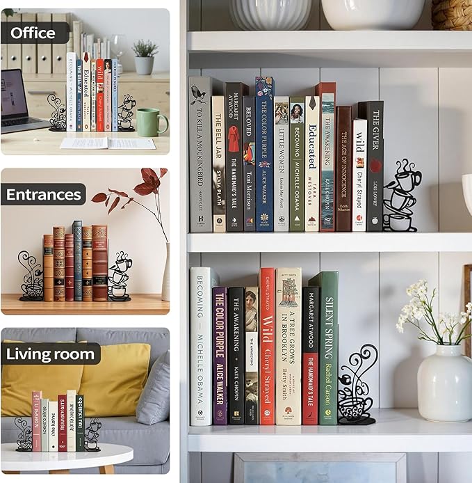 Creative Coffee Cup Decorative Bookend for Shelves, Metal Bookends for Heavy Books, Unique Cute Cookbook Organizer Book Holder for Kitchen Housewarming Cooking Book Lover Gifts
