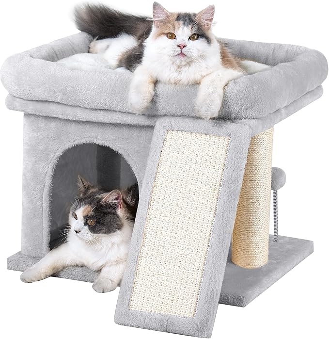 Aechonow Cat Tree Tower for Large Cat, Cat Bed House with Large Perch for Adult Cats, 20 * 16.5 Inch Big Platform for Indoor with Super Cozy Mat, Large Condo with Scratching Post, Light Gray