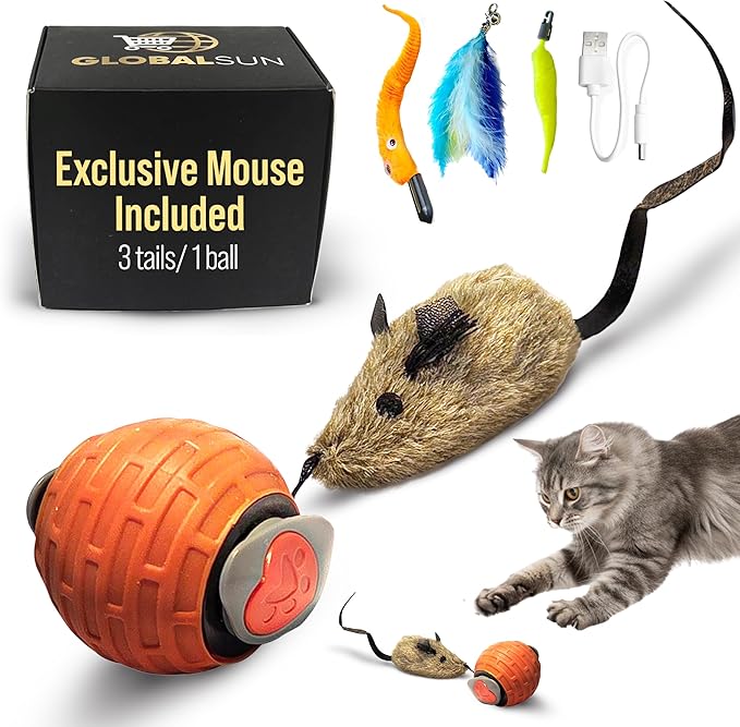 Interactive Cat Toy for Indoor Cats & Kittens – GlobalSun Speedy Tail 2.0 Motion Activated Automatic Cat Toy Ball – USB Rechargeable Moving Ball with 4 Tails Including Mouse for Enrichment