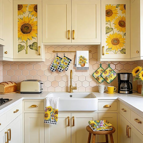 10 PCS Sunflower Plaid Kitchen Decor and Accessories - Sets 4 Kitchen Towels 2 Pot Holders 2 Oven Mitts 2 Rugs for Kitchen Bathroom Home Cooking Farmhome Housewarming Baking Daughter Mom Gifts