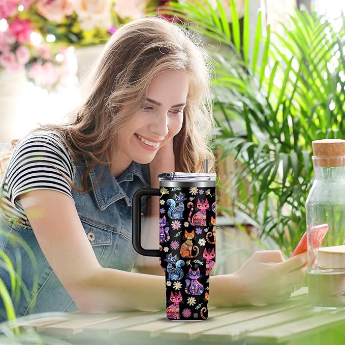 Cat Gifts for Women Cats Tumbler with Handle 40Oz Christmas Birthday Flowers & Elegance Cats Gift for Cat Lover Owner