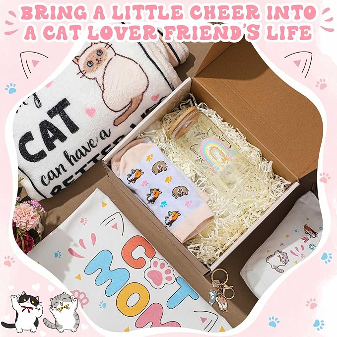 Paterr 6 Pcs Cat Mom Cat Lover Gifts for Women Christmas Canvas Tote Bag Makeup Bag Print Blanket Socks 16oz Glass Coffee Cup with Straw Cute Keychain for Mother's Day Birthday Girls Daughters Sister