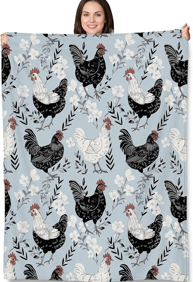 Farmhouse Chicken Blanket Gifts - Vintage Rooster Cozy Fleece Throw Blankets - Perfect for Farmhouse Decor, Country Homes, and Chicken Lovers - 50x60 Inches