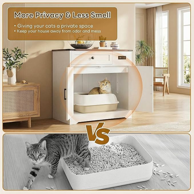 LIKIMIO 31.5" Smart Cat Litter Box Enclosure with LED Odor Control, Farmhouse Hidden Cat Litter Box Furniture with Hinged Entrance and Drawer, Litter Box Cabinet for Living Room, White