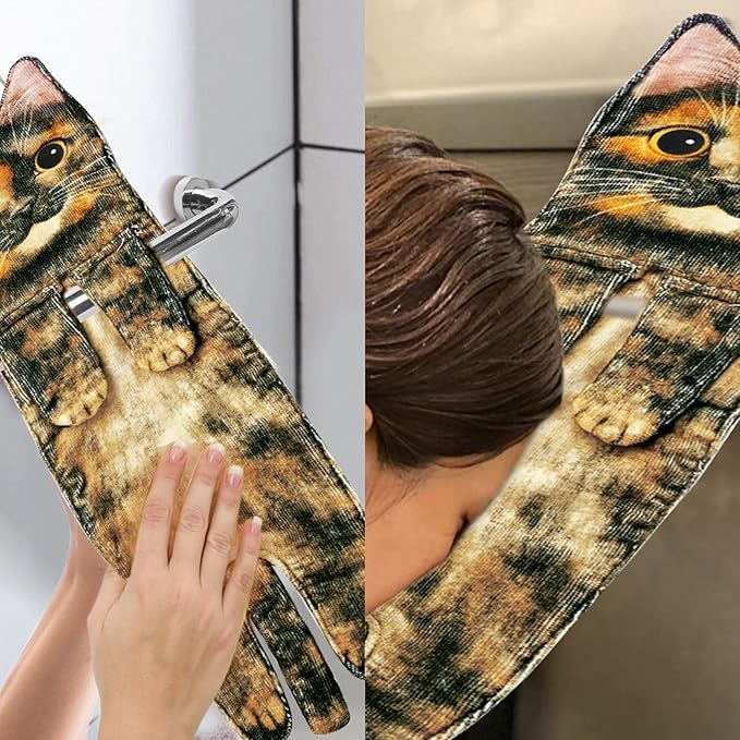 Funny Hand Towels for Bathroom Kitchen Decor - Cute Cat Hanging Hand Towel Kitchen Gadgets - Unique Housewarming Birthday Christmas Cat Lover Gift Ideas for Women Mom Lady Adults