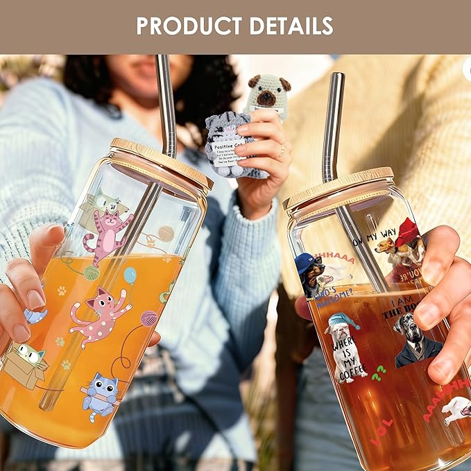 Joeyan Glass Cup with Lid and Straw - 20oz Iced Coffee Cups with Positive Crochet Cat Doll, Cute Cat Glass Tumbler for Smoothie Boba Tea, Cats Lover Gifts for Women, Birthday Mothers Day Gift for Her