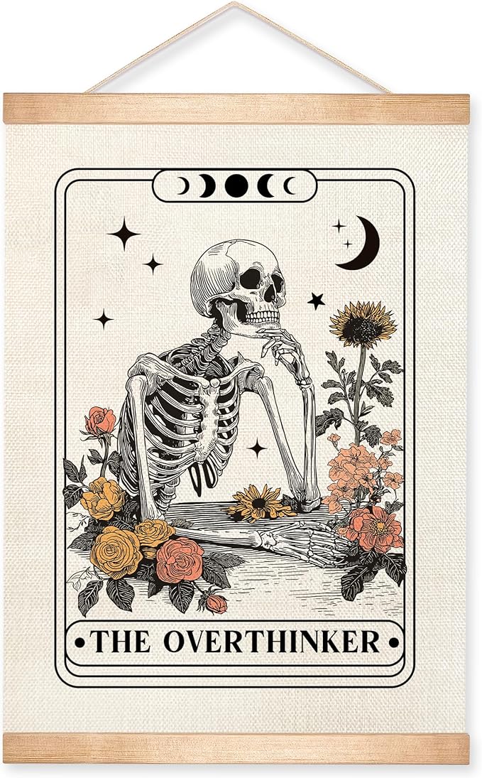 HEYJEEPER The Overthinker Tarot Card Wall Art,Skeleton and Floral for Witch Room Decor,Humorous Wall Hanging Linen Print Poster for Bedroom,Library, Study room 14x18inch(The Overthinker)