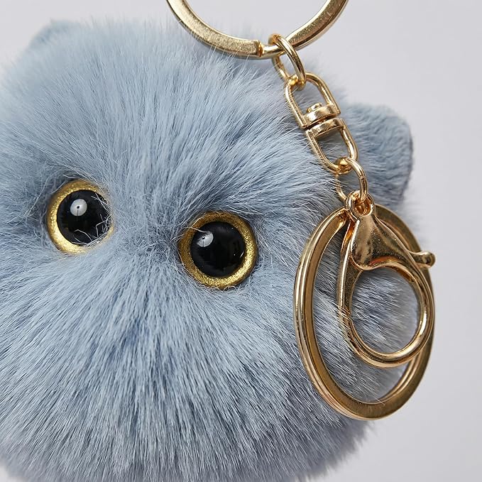 Cute Blue Cat Plush Keychain - Kawaii Ocean Cat Pom Pom Bag Charm, Cool Keychain for Backpack Purse, Gift for Boys Girls Women