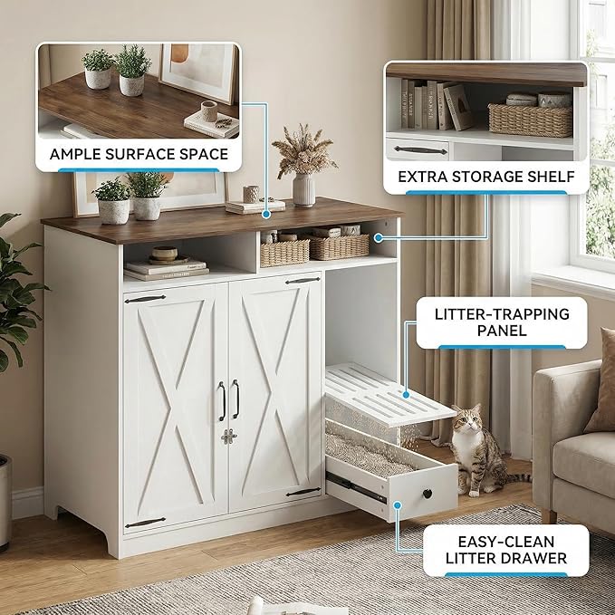 YUSING Large/Tall Cat Litter Enclosure, Litter Box Furniture Hidden, Cat Litter Box Enclosure Cabinet Large with Storage and Pull-Out Drawer for Self-Cleaning Litter Boxes