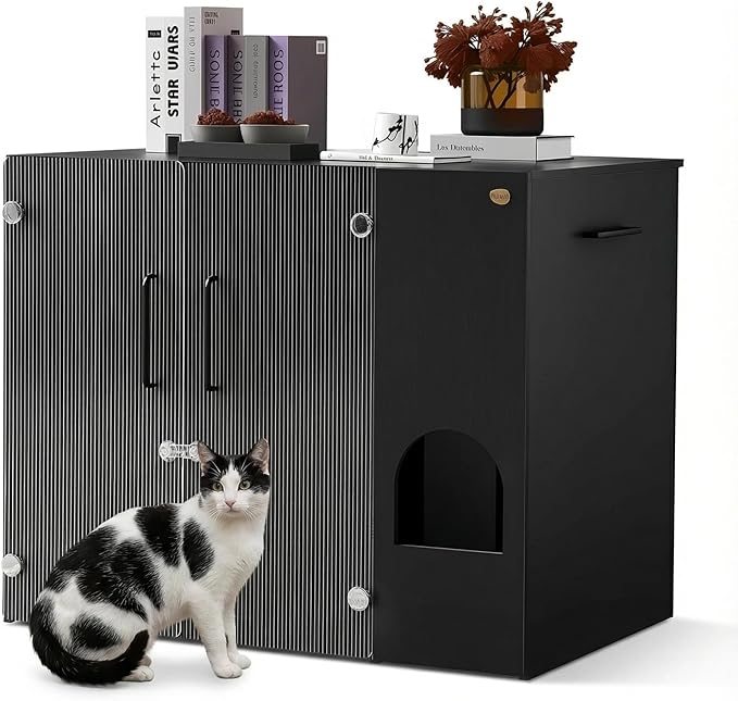 Cat Litter Box Enclosure - Dog Proof Cat Litter Box with Pull-Out, Rotating Features, Includes Power Outlet and Acrylic Wave-Patterned Door Panels with Lock,Elegant Black
