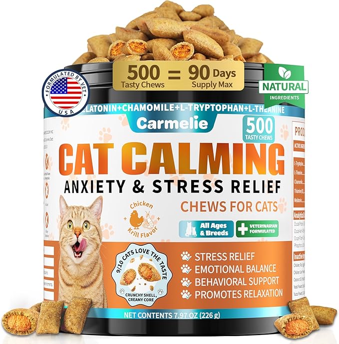 Cat Calming Treats, 500 Crunchy & Creamy Calming Cat Treats with Melatonin, Chamomile for Cats Stress and Anxiety Relief - Travel, Boarding, Vet Visits, Separation Anxiety, Chicken and Krill Flavored