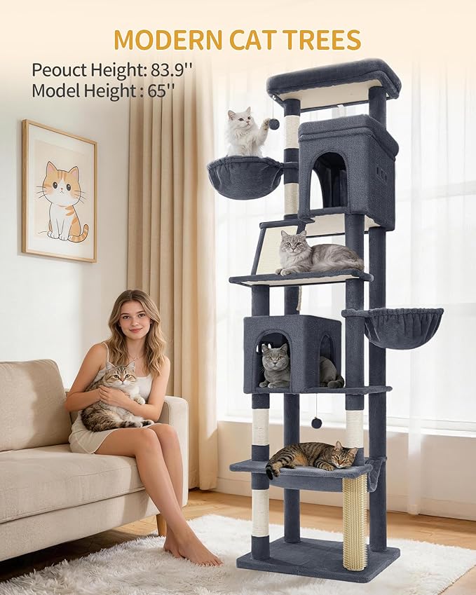 Hzuaneri Large Sturdy Cat Tree Tower, 84 Inch Tall Pet Condo for 7 Large Cats, Cat Tree Indoor Climbing Activity Tower, 2 Large Platform/2 Cave/2 Hanging Basket/5 Scratching Post, Dark Grey MS21318SG