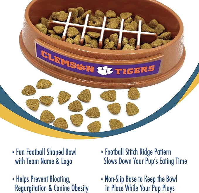 NCAA Super-Bowl - Clemson Tigers Slow Feeder Dog Bowl. Football Design Slow Feeding Cat Bowl for Healthy Digestion. Non-Slip Pet Bowl for Large & Small Dogs & Cats