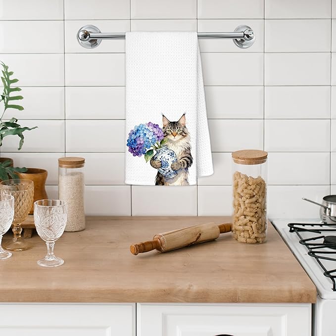 Maine Coon Hydrangea Kitchen Towels, Cat Lovers Mom Gifts Dish Tea Towels for Kitchen Decor, Chinoiserie Porcelain Floral Kitty Decorative Hand Towel Bathroom Decor, 16x24 Inch