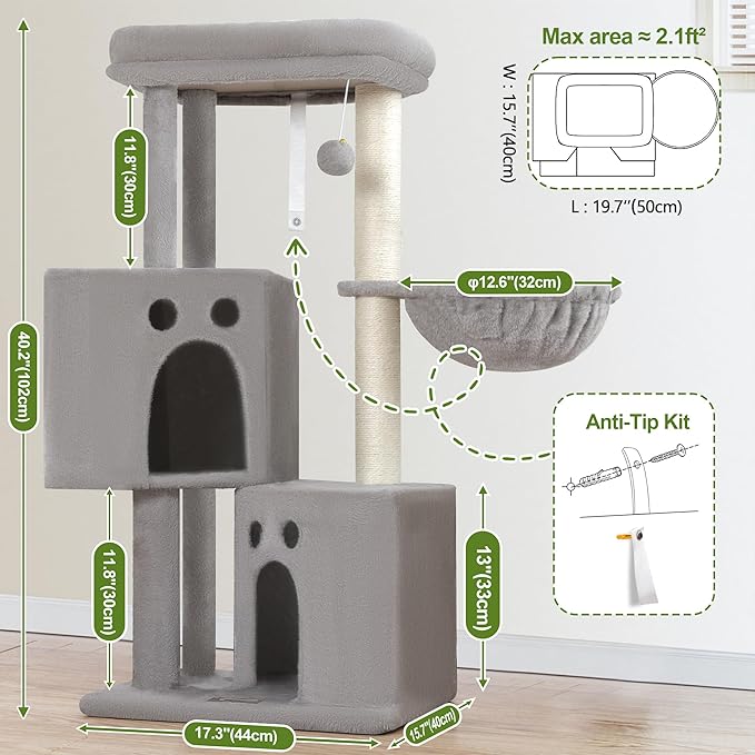 Small Cat Tree Tower for Indoor Cats, 40 in Medium Compact Adults Cat Beds Trees with 2 Condos, Sisal Scratching Post, Large Perch Platform, Multi-Level Kitty Kitten Climbing Stands House(Light Grey)