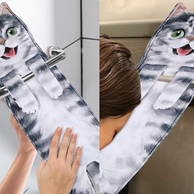 Funny Hand Towels for Bathroom Kitchen Decor - Cute Cat Hanging Hand Towel Kitchen Gadgets - Unique Housewarming Birthday Christmas Cat Lover Gift Ideas for Women Mom Lady Adults