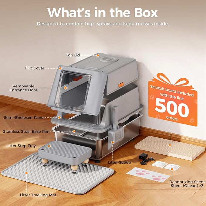 GTPLAYER XXL Stainless Steel Cat Litter Box with Lid, Smart Odor Control Enclosed Litter Box for Cats, Infrared Sensor Auto Pause, Non-Stick Anti-Leak High-Sided, with Mat, Scoop & Step, Pinky Paws