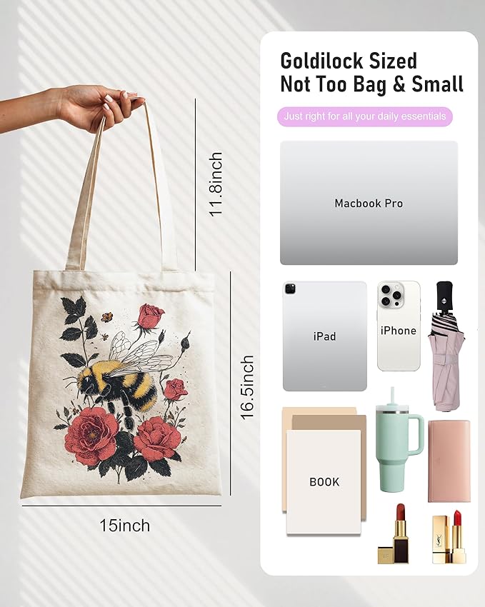 DYALE Canvas Tote Bag Double-Sided Prints with Snap Closure, Cute Tote Bag with Pocket for Shopping, Library, Work, Travel