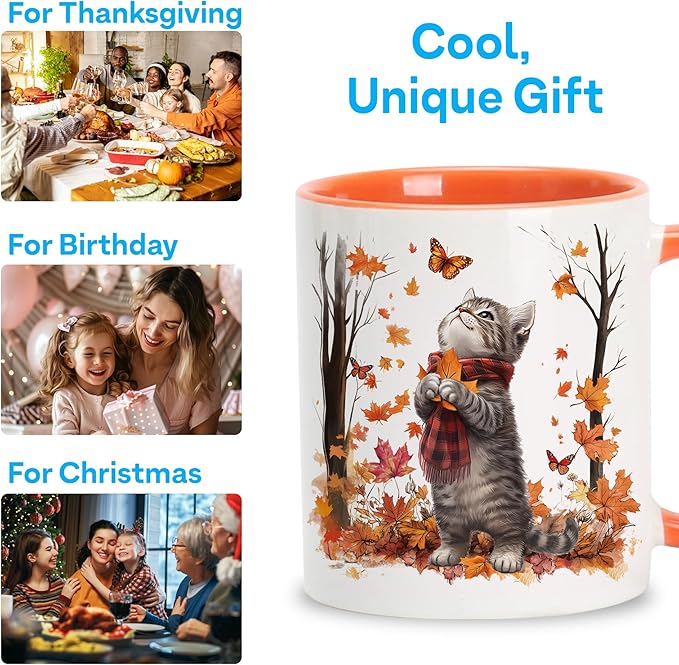 Hyturtle Fall Cat Maple Leaves Coffee Mug with Spoon, Birthday Gifts For Cat Lovers, Fall Autumn Decor Gifts For Farmhouse Thanksgiving, Cute Autumn Mug, 11oz Two Tone White Ceramic Coffee Tea Cup