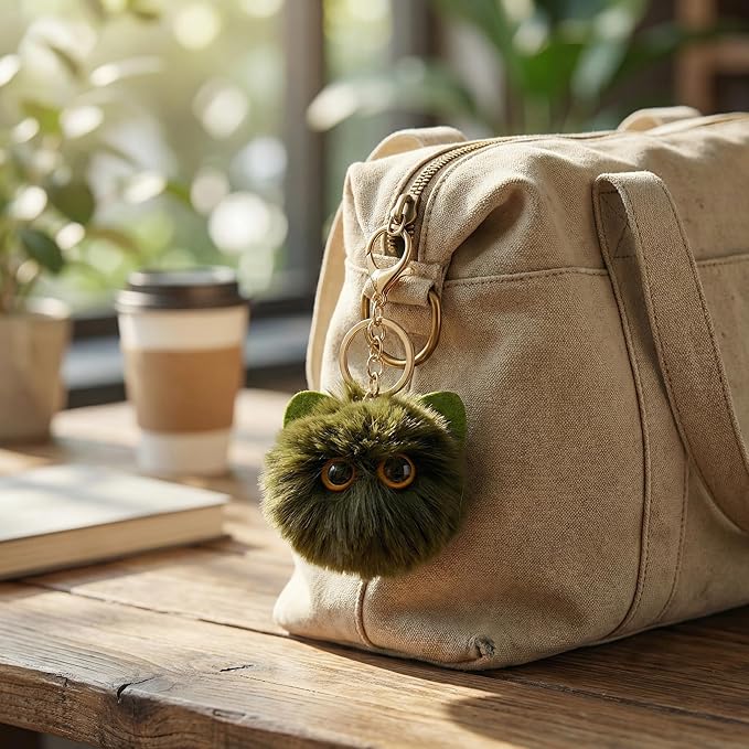 Cute Green Cat Plush Keychain - Kawaii Military Green Cat Pom Pom Bag Charm, Edgy Keychain for Backpack Purse, Gift for Women Men