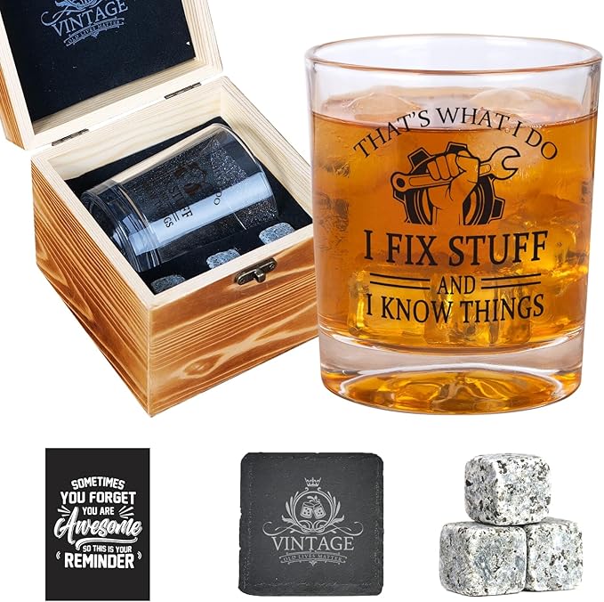 Funny Whiskey Glasses for Handyman Grandpa Dad, Maintenance Man Gifts, Christmas Gag Gift for Men, Mechanic Whiskey Bourbon Glass, White Elephant Gift Ideas, Handyman Birthday Bourbon Gifts for Him