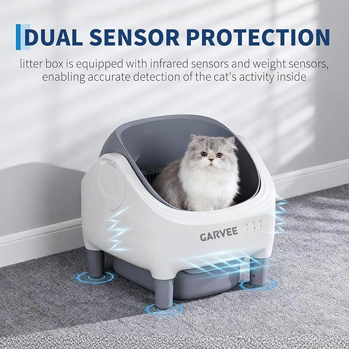 Garvee Self Cleaning Litter Box, Open-Top Automatic Cat Litter Box with APP Control, Odor-Free Waste Disposal Includes Trash Bags, 10.5L Large Waste Bin, for Multiple Cats, White/Grey