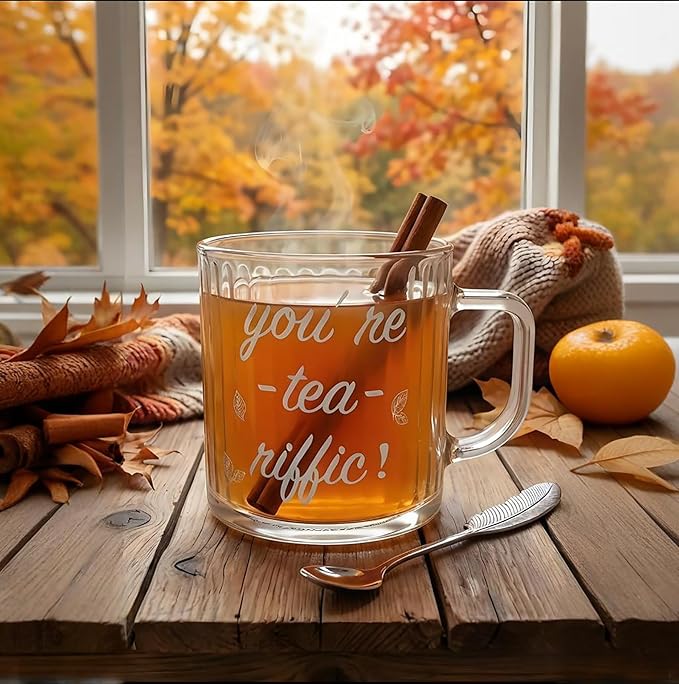 Ribbed Glass Mug Gift Set “You’re Tea‑riffic” Clear Glass Cup with Printed Slogan, Includes English Breakfast Tea & Teaspoon, Gift Boxed — Office Gift, Teacher Gift, Coffee & Tea Lovers