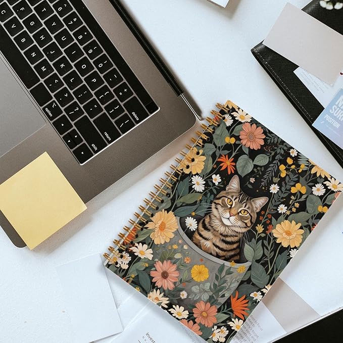 Cat Notebook, Retro Floral Botanical Cat Journal for Writing, Cats Mom Lovers Gifts for Women, Cottagecore Aesthetic Spiral Notebook 5.5x8.3 Inch
