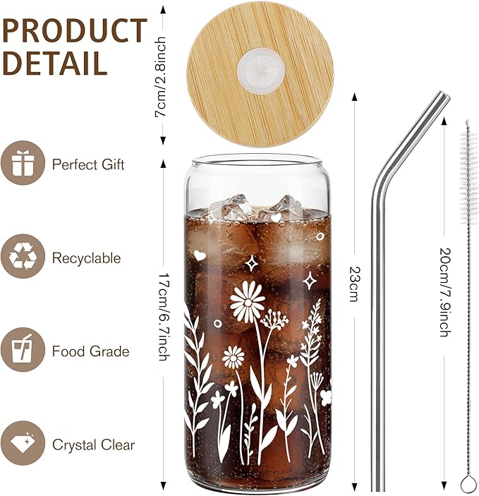Joeyan Glass Cups with Lids and Straws - 20oz Daisy Iced Coffee Cup, Cute Floral Glass Tumbler for Smoothie Boba Tea, Boho Flower Drinking Glasses, Birthday Mothers Day Gift for Women, Mom, Friend