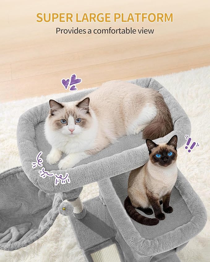 Hzuaneri Large Sturdy Cat Tree Tower, 75 Inch Tall Pet Condo For 7 Large Cats, Cat Tree Indoor Climbing Activity Tower, 2 Large Platform/2 Cave/2 Hanging Basket/5 Scratching Post, Light Grey MS19018LG