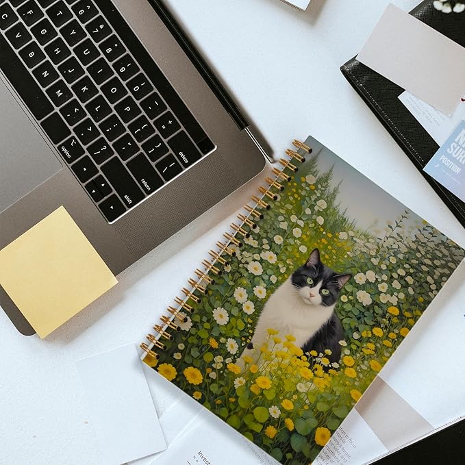 Vintage Floral Tuxedo Cat Notebook, Retro Cottagecore Daisy Flower Botanical Kitty Journal for Writing, Cat Office Supplies, Spiral Notebook 5.5x8.3 Inch