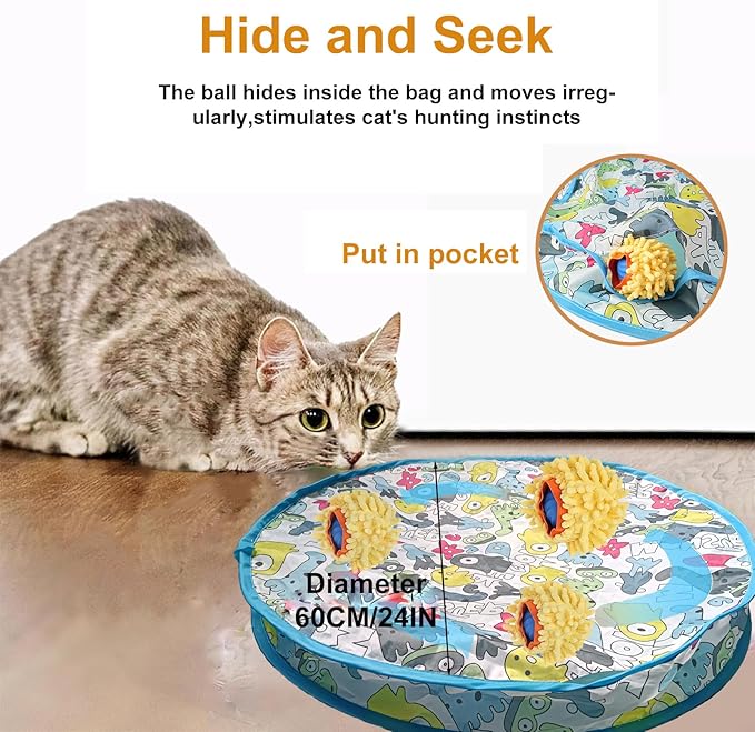 Interactive Cat Toys for Indoor Cats, Rechargeable Automatic Cat Ball Toy Fast Rolling in Pocket, 24 Inch Play Mat