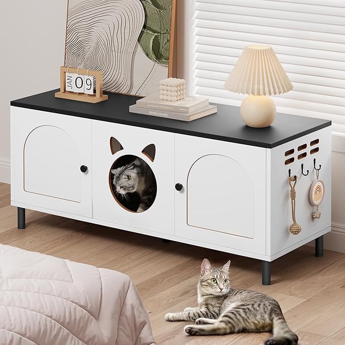 YITAHOME Cat Litter Box Enclosure, 47.2in Litter Box Furniture Hidden, Wooden Washroom Furniture, Hidden Litter Boxes Cover, Cat House Fit Most of Litter Cabinet, End Table, Nightstand, White+Black
