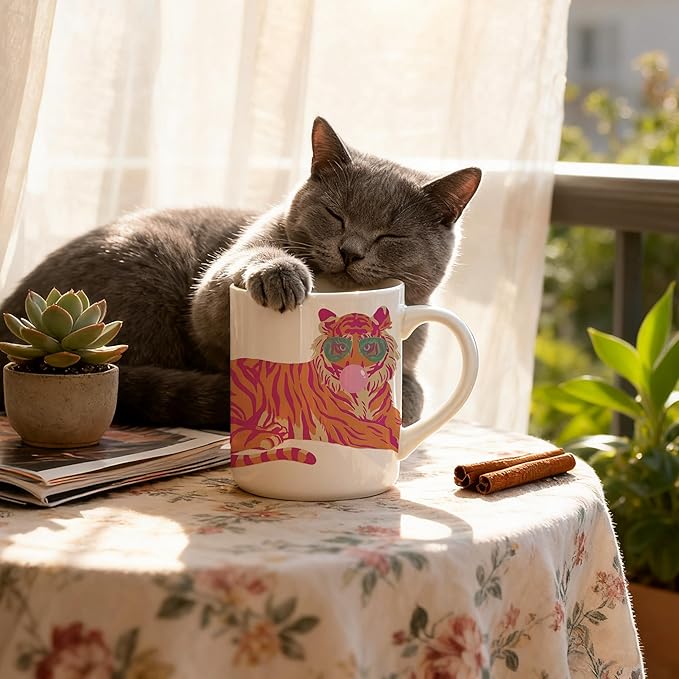 Pink and Orange Funny Tiger Mug, Gifts for Tiger Lovers Coffee Cup, Animal Lover Gifts for Women, Preppy Trendy Tigers Ceramic Coffee Mug 11 oz