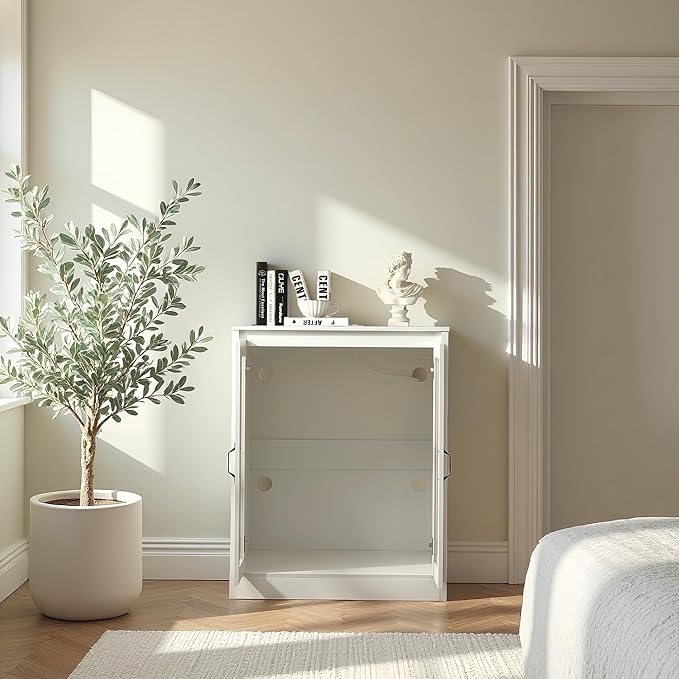 Cat Litter Enclosure with Cat-Viewing Glass Doors, Litter Cabinet with Power Outlet and Cozy LED Lights, Reversible and Optional Entry,White