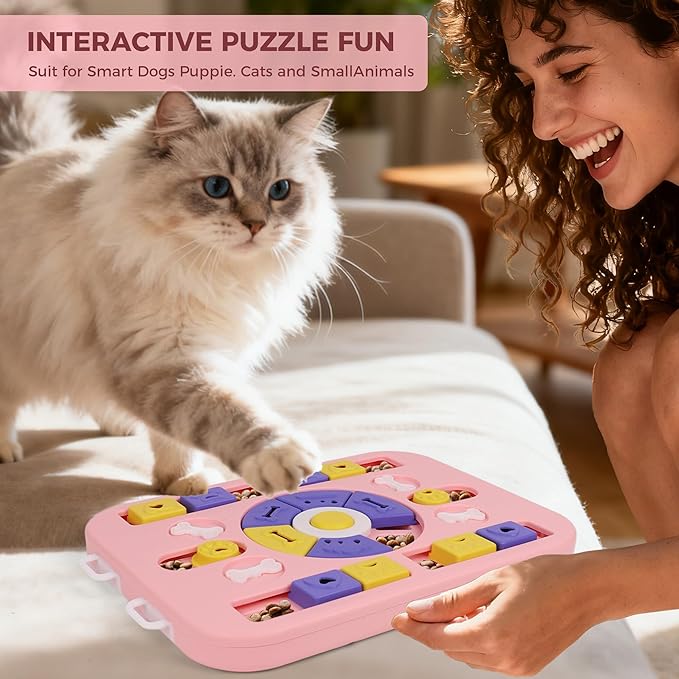 Cat Puzzle Feeder with Sound: 4-in-1 Interactive Stimulating Toys for Cats and Large & Small Dogs, Dog Enrichment Toys & Cat Puzzle Toy to Prevent Boredom and Overeating (L-Level4-Pink)