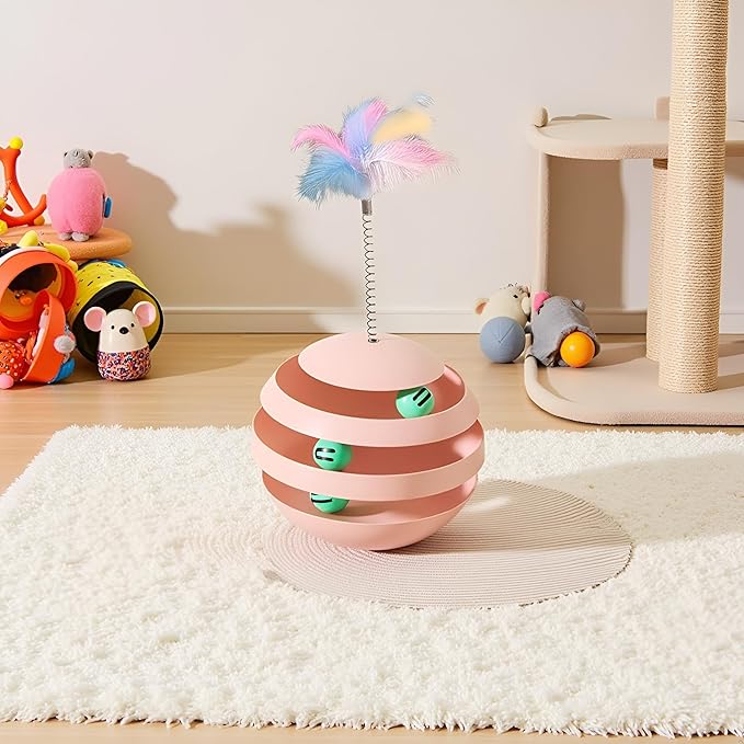 Cat Toys for Indoor Cats, Interactive Cat Toy Ball Track with Feather Sticks, 3 Spinning Balls, Wobble Rotating Tumbler Base for Bored Indoor Adult Cats to Play Alone, Reduce Anxiety (Pink).
