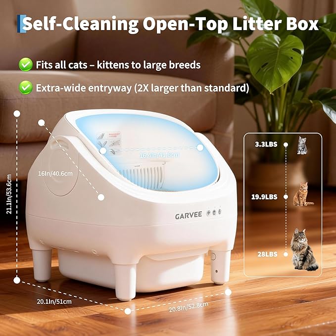 Self Cleaning Litter Box, Automatic Cat Litter Box with APP Control, Odor-Free Waste Disposal Includes Trash Bags, Large Waste Bin, Open-Top, for Large Cats & Multiple Cats