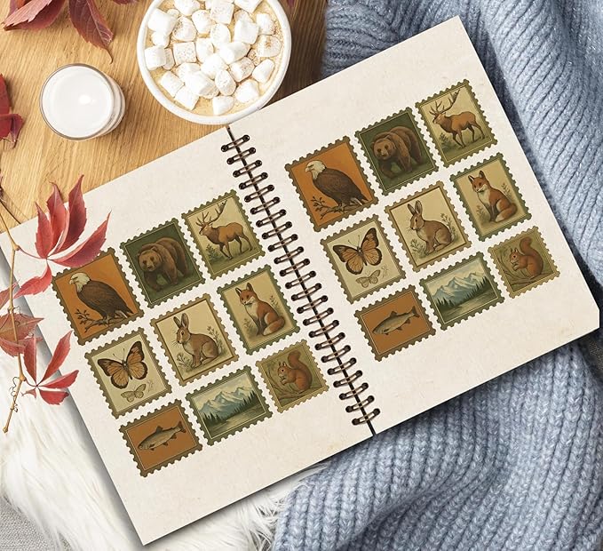 KDHTY Vintage Cottagecore Notebook Journal Postal Stamp Animal Journal Notebook,Fox Fish Notebooks College Ruled for Office School Classroom,Funny Notebook Office Supplies Gifts,5.5 x 8.3