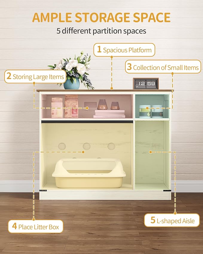 Cat Litter Box Enclosure, Hidden Litter Box Furniture with Storage, Wooden Cat Cabinet with Scratch Pad, Farmhouse Cats House, TV Stand End Table, Rustic Brown and White CB88614X