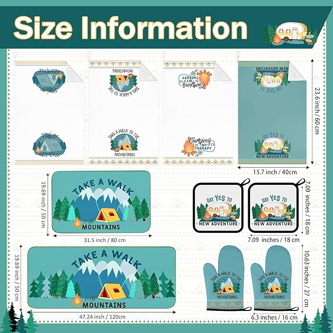 10 Pcs Camping Kitchen Decor and Accessories - Sets 4 Kitchen Towels 2 Pot Holders 2 Oven Mitts 2 Rugs for Kitchen Bathroom Home Funny Cooking Farmhome Housewarming Baking Gifts for Rv Campers
