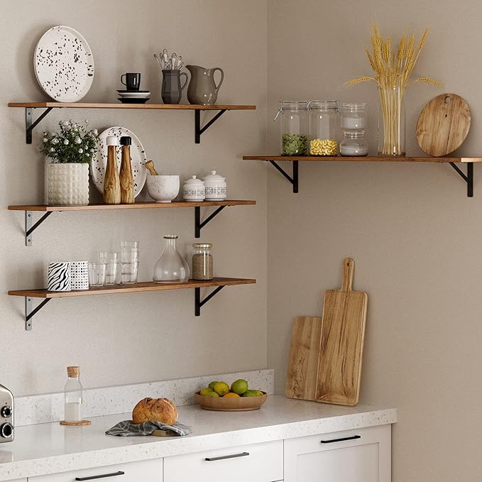 DINZI LVJ Long Wall Shelves, Set of 4, 39.4Inch Wall Mounted Shelves, Extra Large Wall Storage Ledges with Sturdy Metal Brackets for Living Room, Bathroom, Bedroom, Kitchen, Rustic Brown