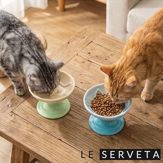Elevated Twisting Design Cat Food Slow Feeder, Ceramic Raised Cat Dishes with Decorative Twisting Design Stand, Macaron Colors, Slow Feed Design (Yellow Green)