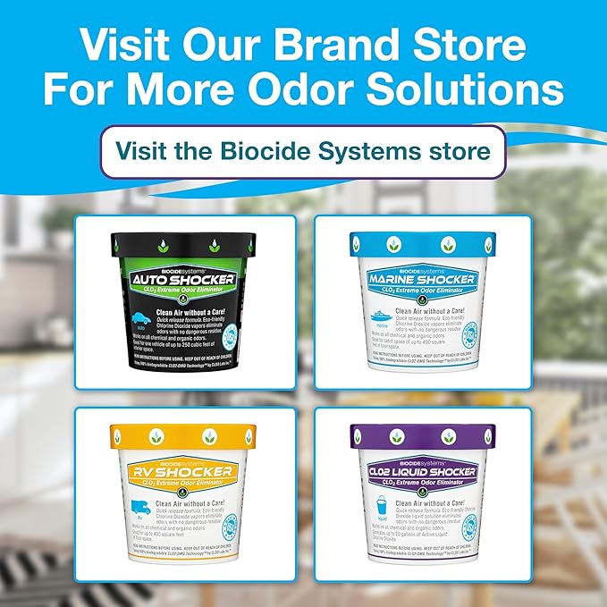 Biocide Systems Liquid Shocker Strong Odor Eliminator, Eco-Friendly Chlorine Dioxide Liquid Solution for Cleaning & Deodorizing Countertops, Floors and Walls, Makes Up to 20 gal. Pet & People Safe