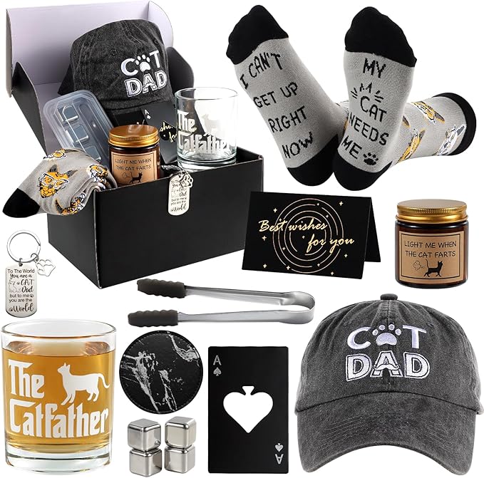14 Pieces Cat Dad Gifts for Dad Best Cat Dad Ever for Men, for Men Including Whiskey Set Socks Keychain Hat Bottle Opener Greeting Cards Sented Candle